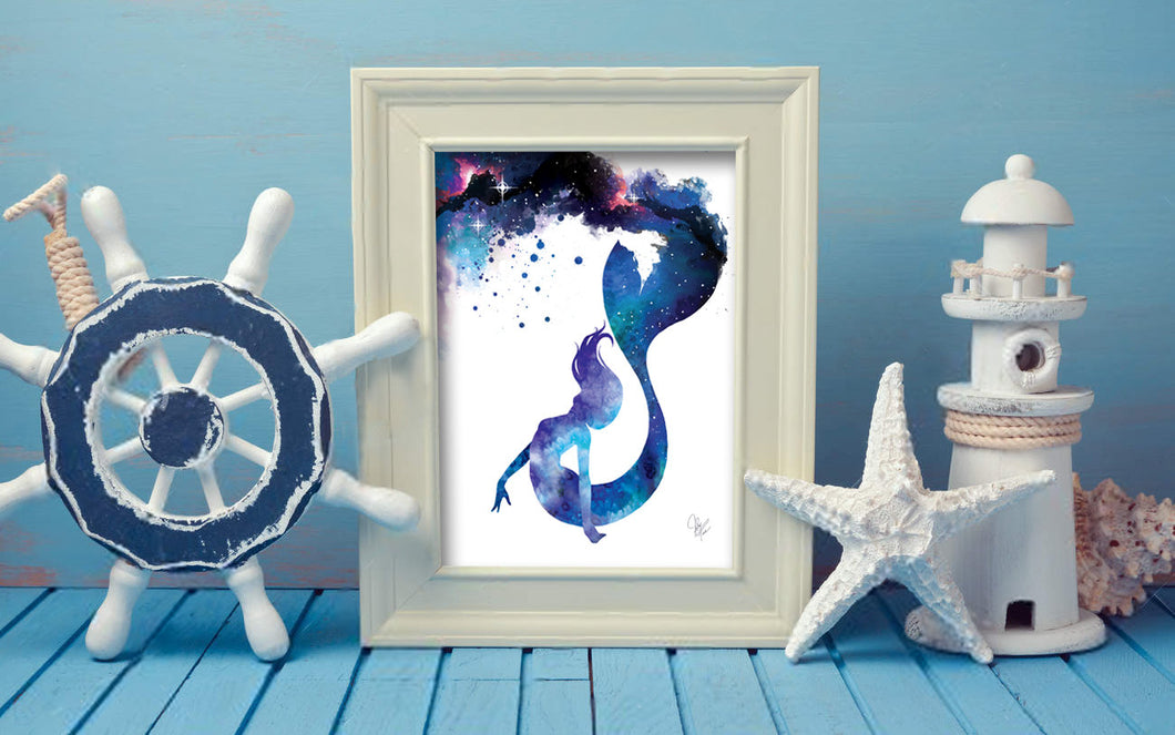 Galaxy Watercolor Mermaid - Signed & Embellished Print