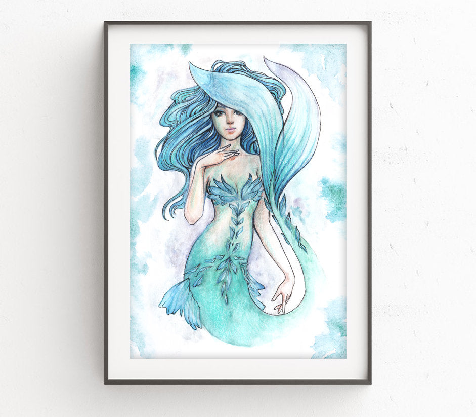 Teal Mermaid - Hand Embellished Signed Print